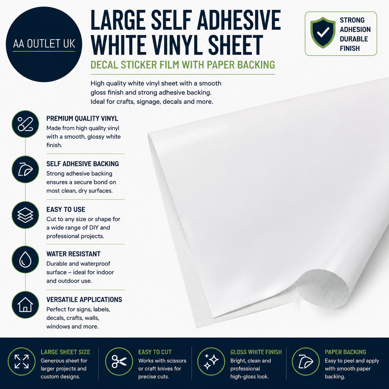 Large Self Adhesive White Vinyl Sheet Decal Sticker Film Paper Backing New