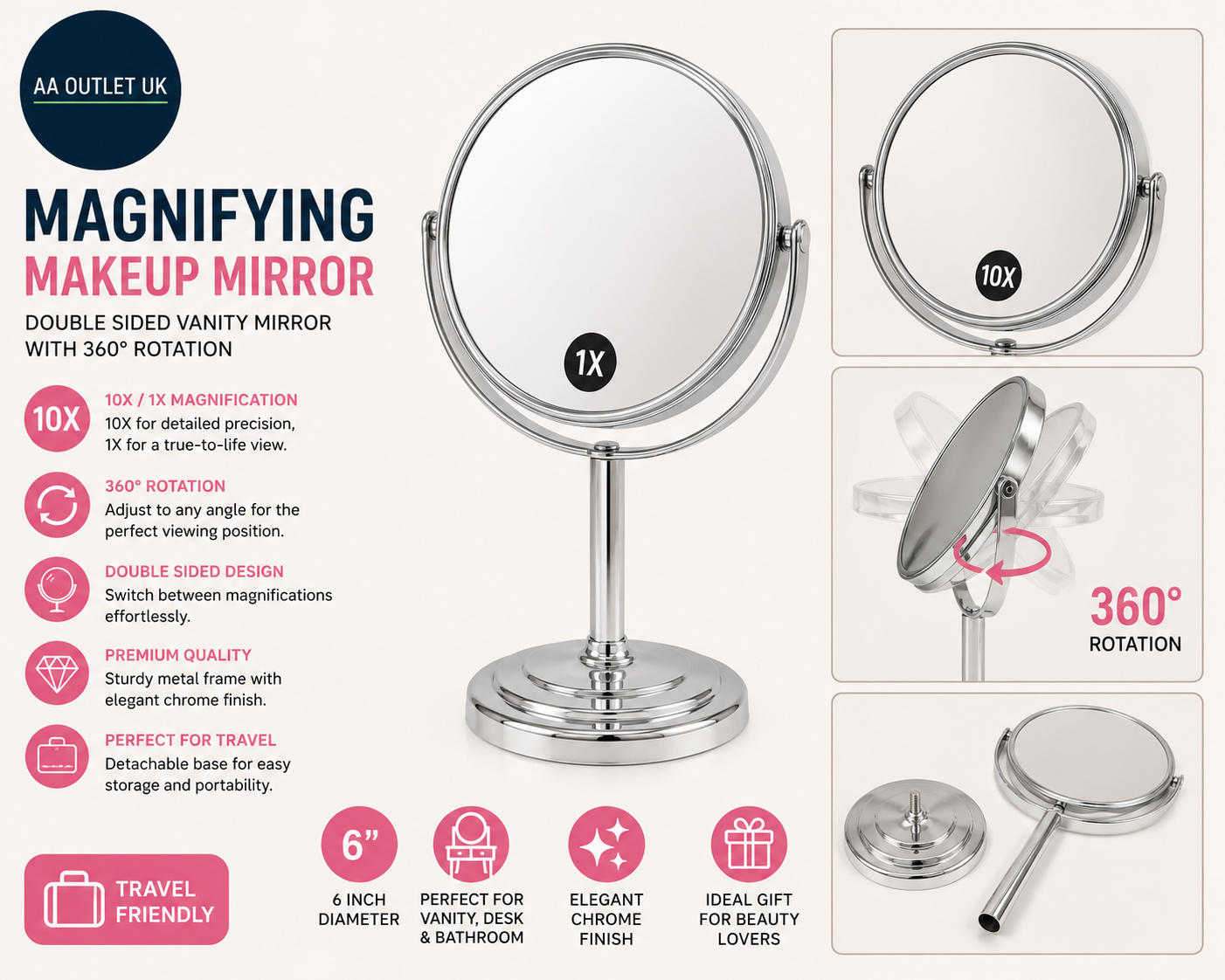 Woobroo Magnifying Makeup Mirror 10x 1x Magnification Double Sided Vanity 6in