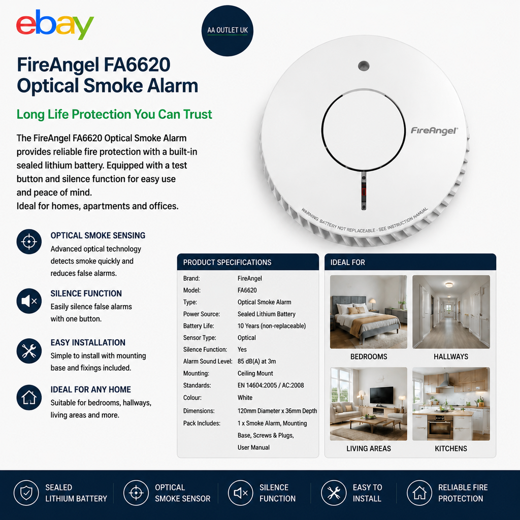 FireAngel FA6620 Optical Smoke Alarm Battery Test Silence Button White Durable