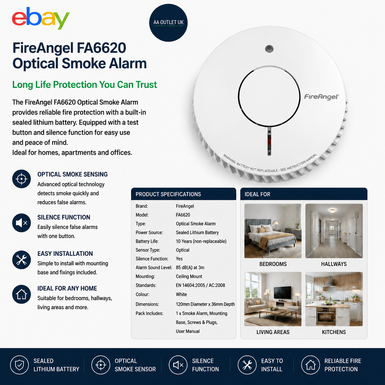 FireAngel FA6620 Optical Smoke Alarm Battery Test Silence Button White Durable