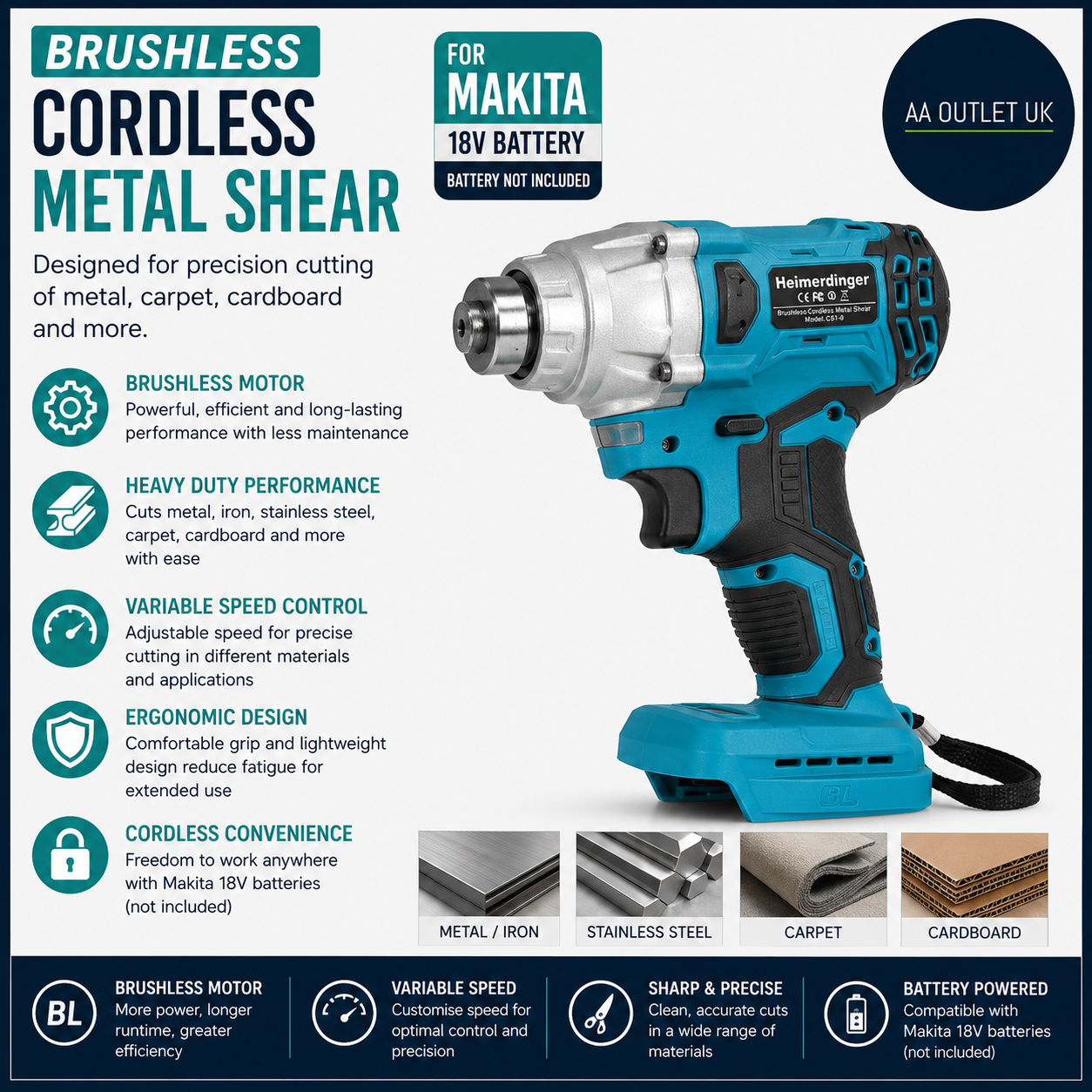 Brushless Cordless Metal Shear Makita 18V Battery Heavy Duty Electric Scissors