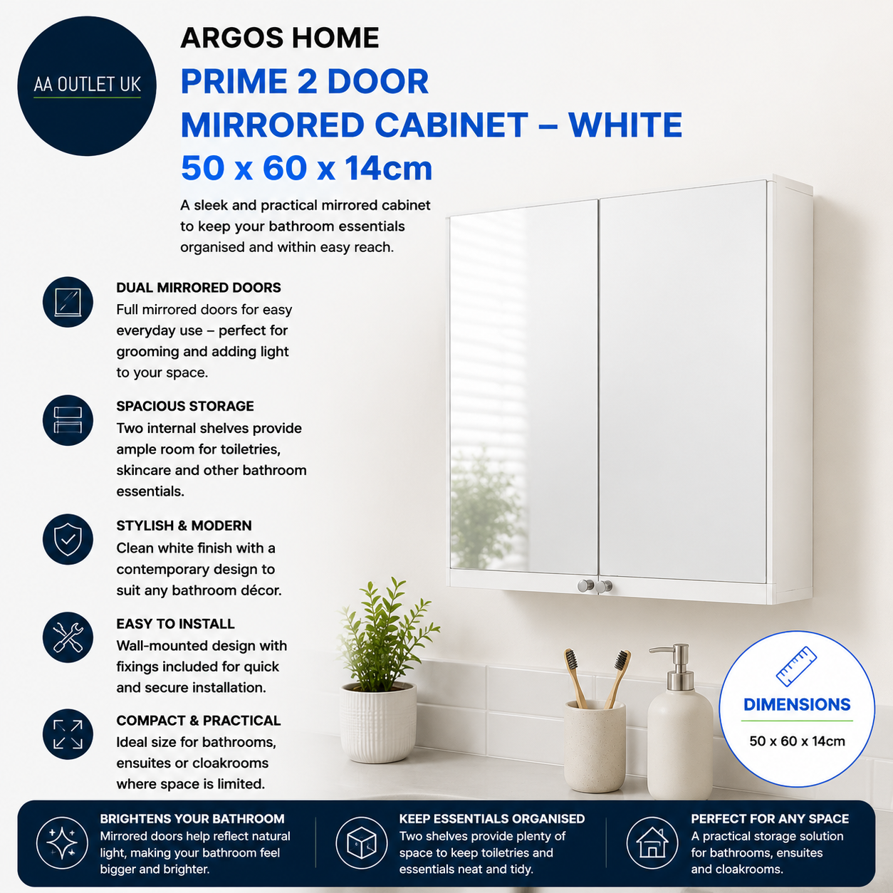 Argos Home Prime 2 Door Mirrored Cabinet White 50x60x14cm