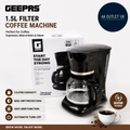 Geepas 1.5L Filter Coffee Machine 800w Coffee Maker Instant Coffee Black