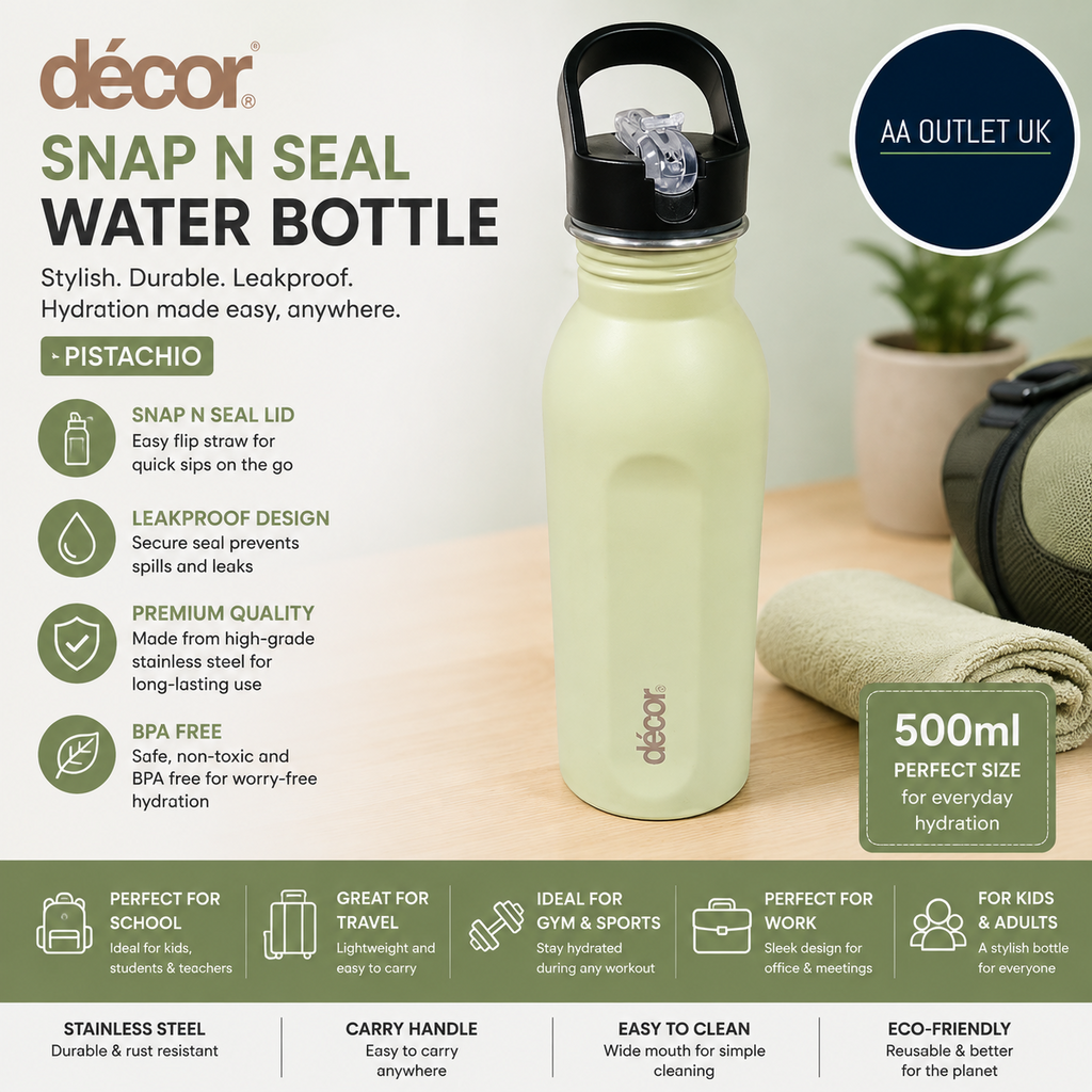 Decor Snap N Seal 500ml Stainless Steel Water Bottle Straw BPA Free Leakproof