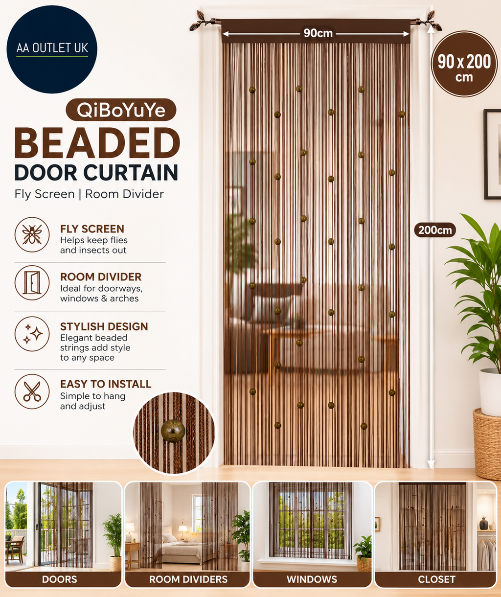 QiBoYuYe Beaded Door Curtain Fly Screen Window String Coffee 90x200cm