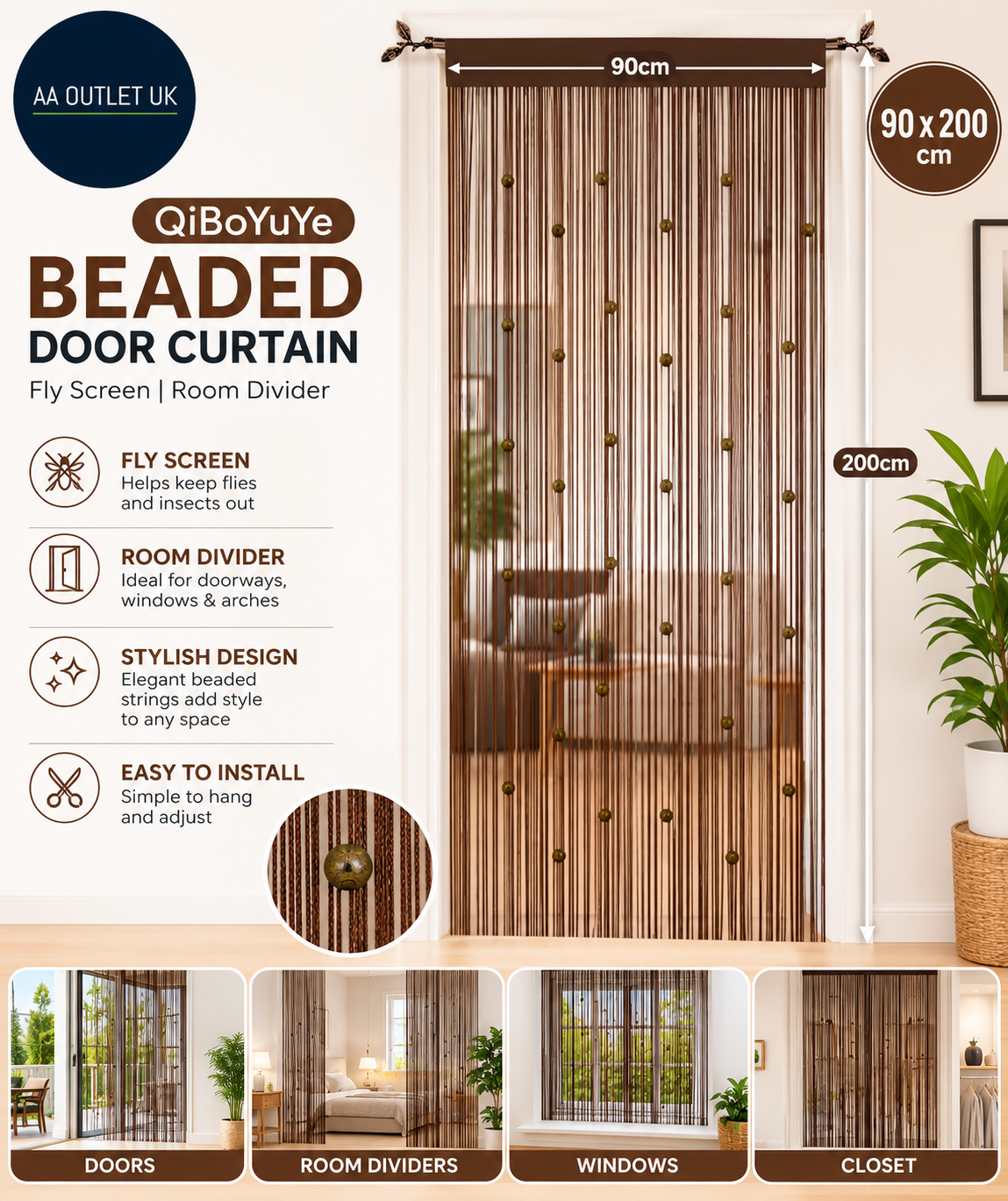 QiBoYuYe Beaded Door Curtain Fly Screen Window String Coffee 90x200cm