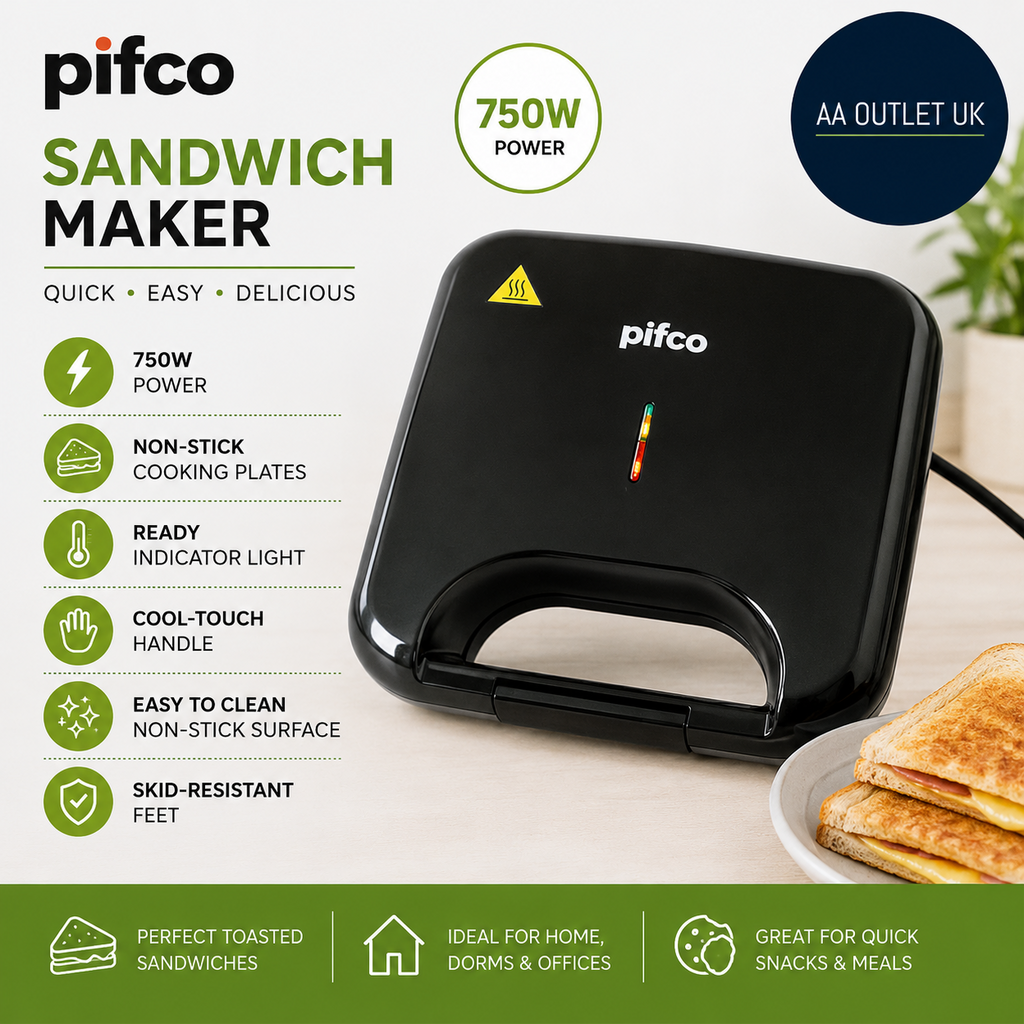 Pifco 750W Non Stick Sandwich Maker Electric Toaster Cool Touch Handle