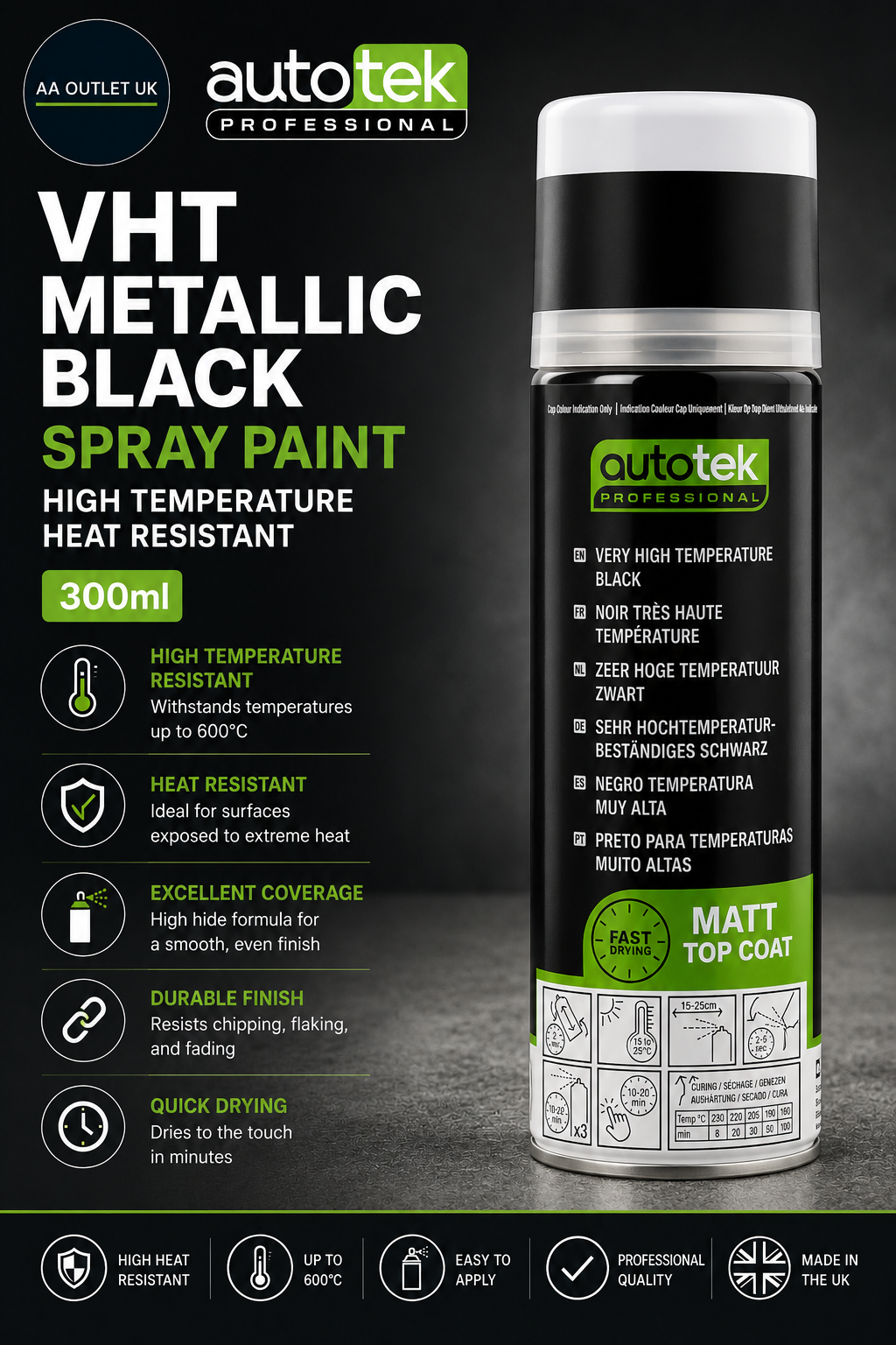 Autotek VHT Metallic Black Spray Paint 300ml High Temperature Heat Resistant
