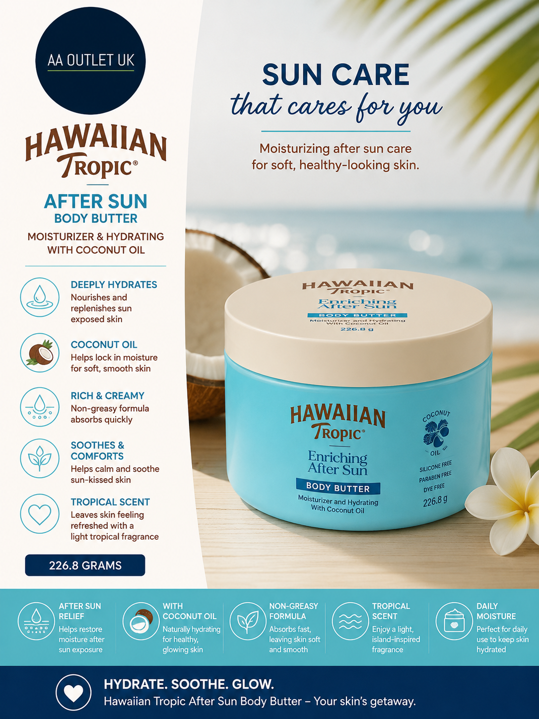 Hawaiian Tropic After Sun Lotion Moisturizer Body Butter Coconut Oil 226.8g