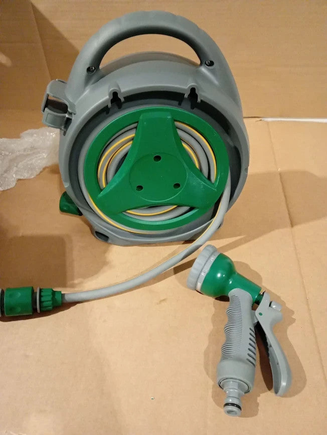 Garden Hose Reel 14m Compact Portable Hose Pipe Reel 8 Adjustable Spray Gun New