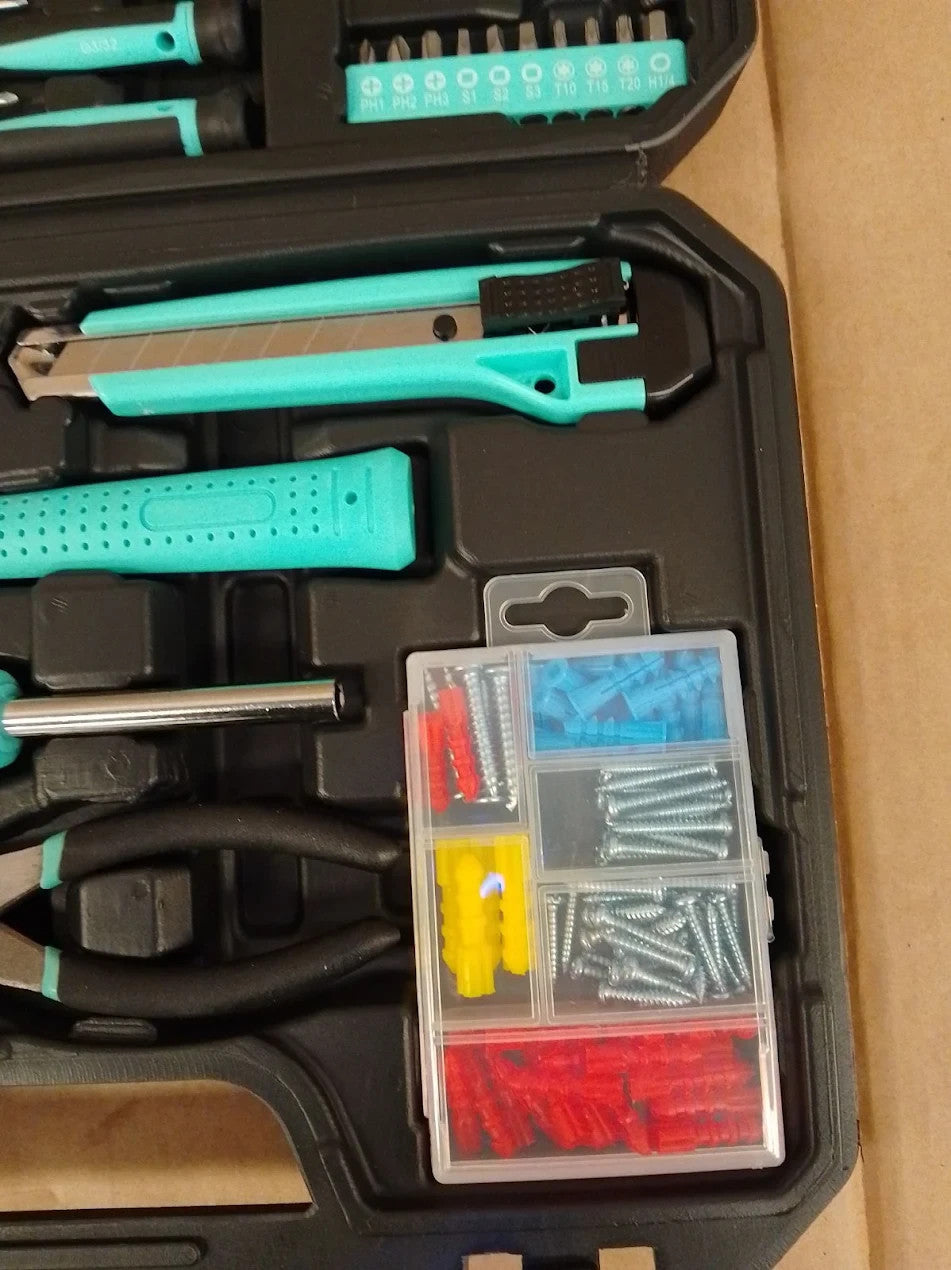 Amazon Basics Tool Kit Storage Case 142 Piece Household Tool Set DIY Turquoise