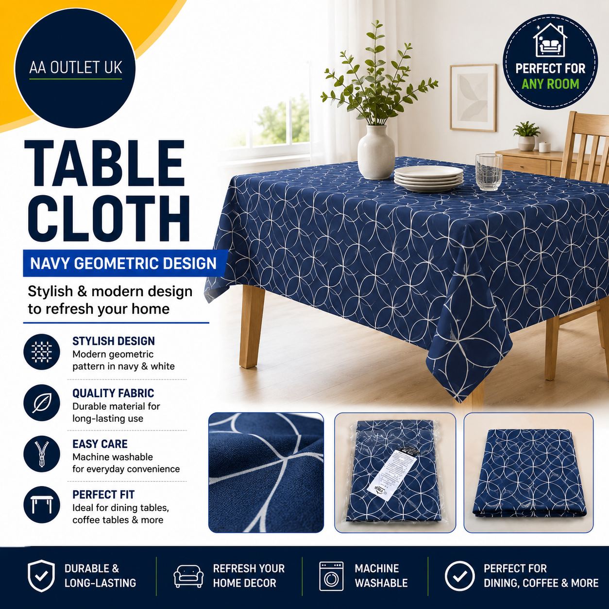 Dehaus Wipe Clean PVC Tablecloth Navy Geo Flow Vinyl Table Cover 200x140cm