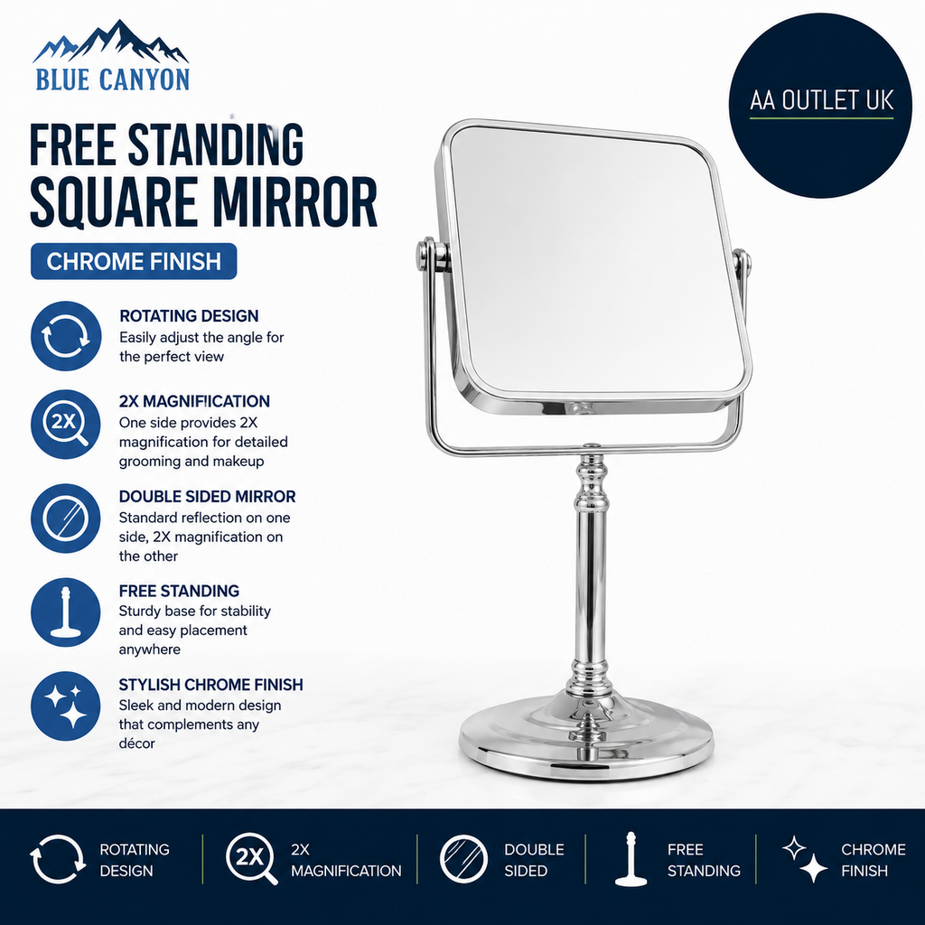 Blue Canyon Free Standing Square Mirror Chrome Finish Rotating 6.69x5.51in