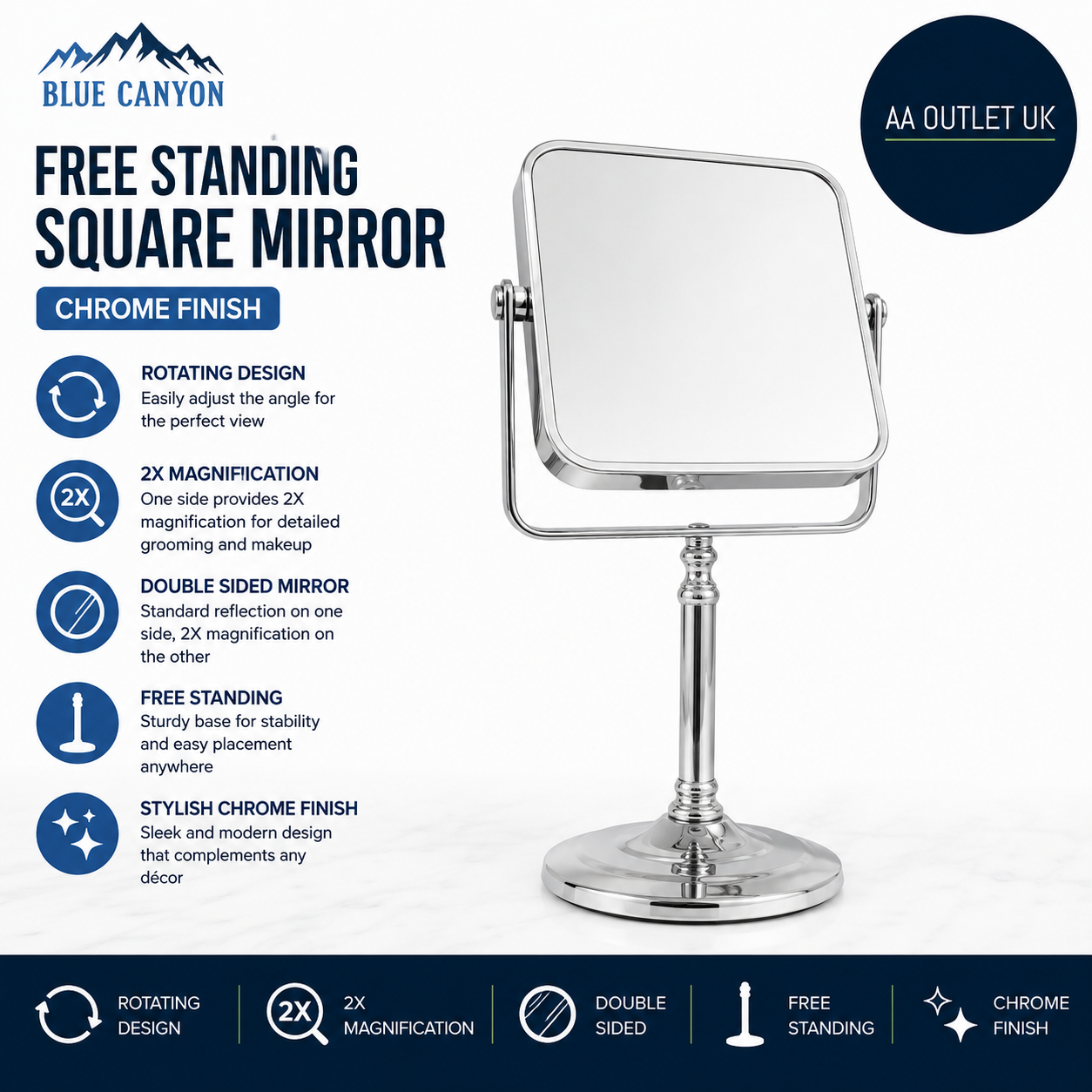 Blue Canyon Free Standing Square Mirror Chrome Finish Rotating 6.69x5.51in