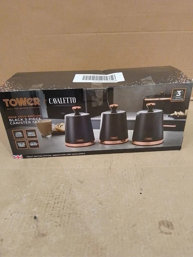 Tower Cavaletto Set of 3 Storage Canisters Tea Coffee Sugar Black Rose Gold