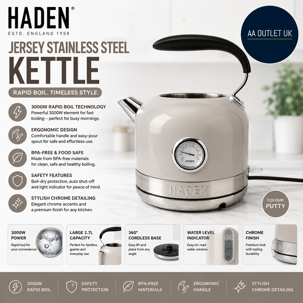Haden Jersey Stainless Steel Kettle 3000W Rapid Boil Technology Ergonomic