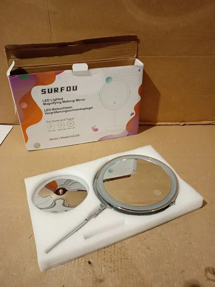 Surfou 8 Makeup Mirror With LED Lights Stand 10x Lighted 36x36cm Silver