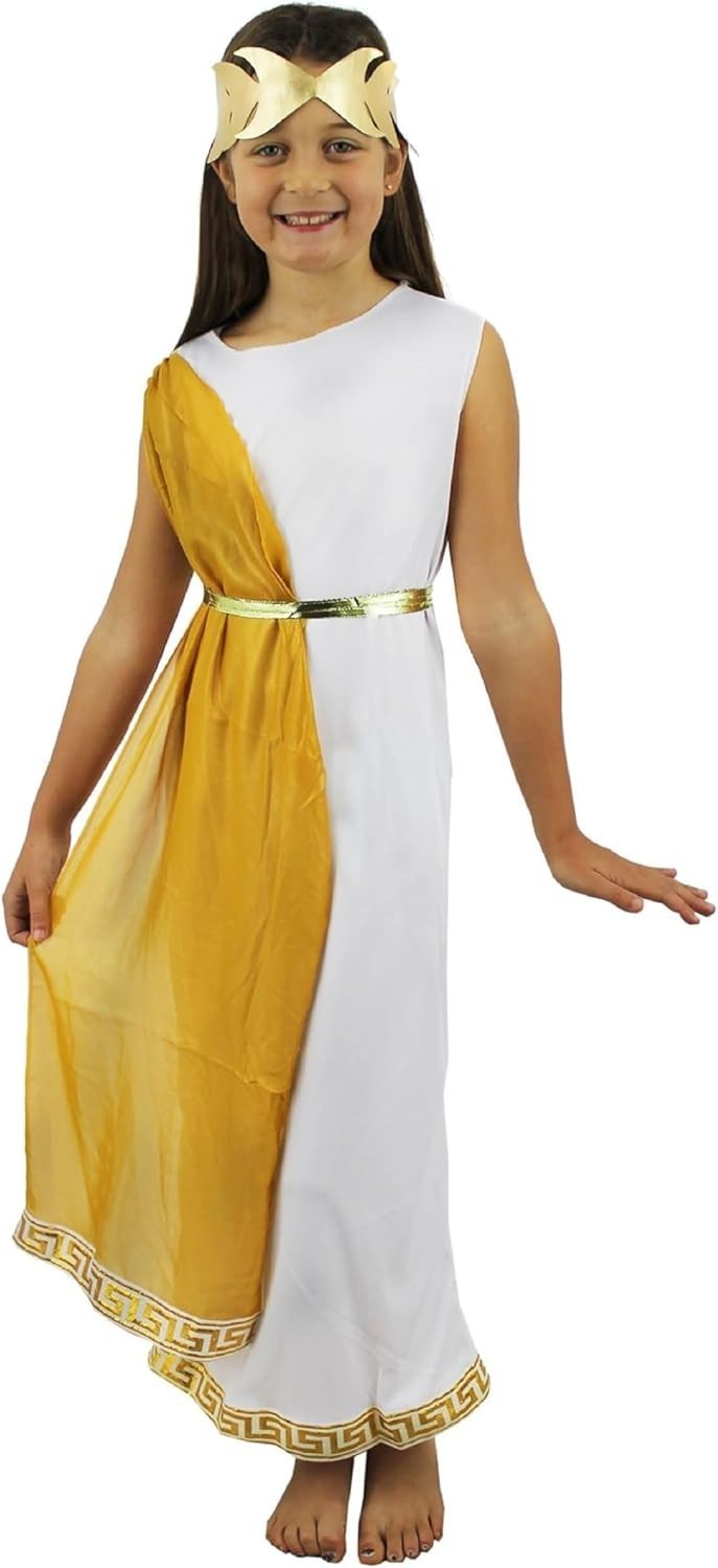 Girls Roman Goddess Costume Small White Tunic Dress Gold Sash Golden Laurel New