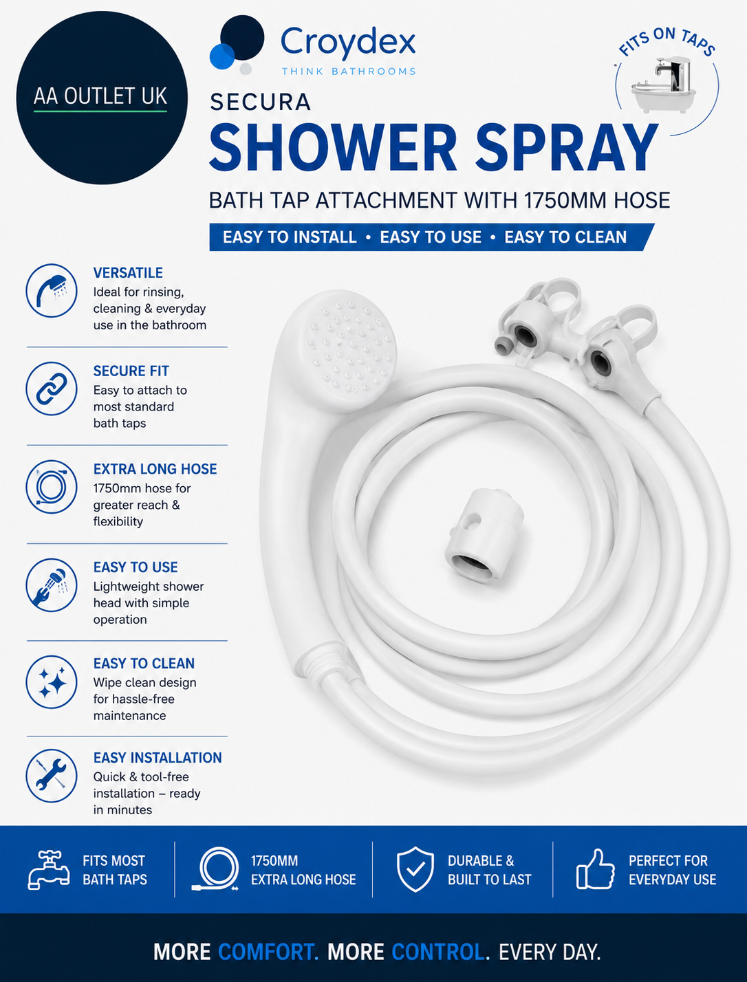 Croydex Secura Shower Head Hose Bath Tap Attachment 1750mm Easy Install Design