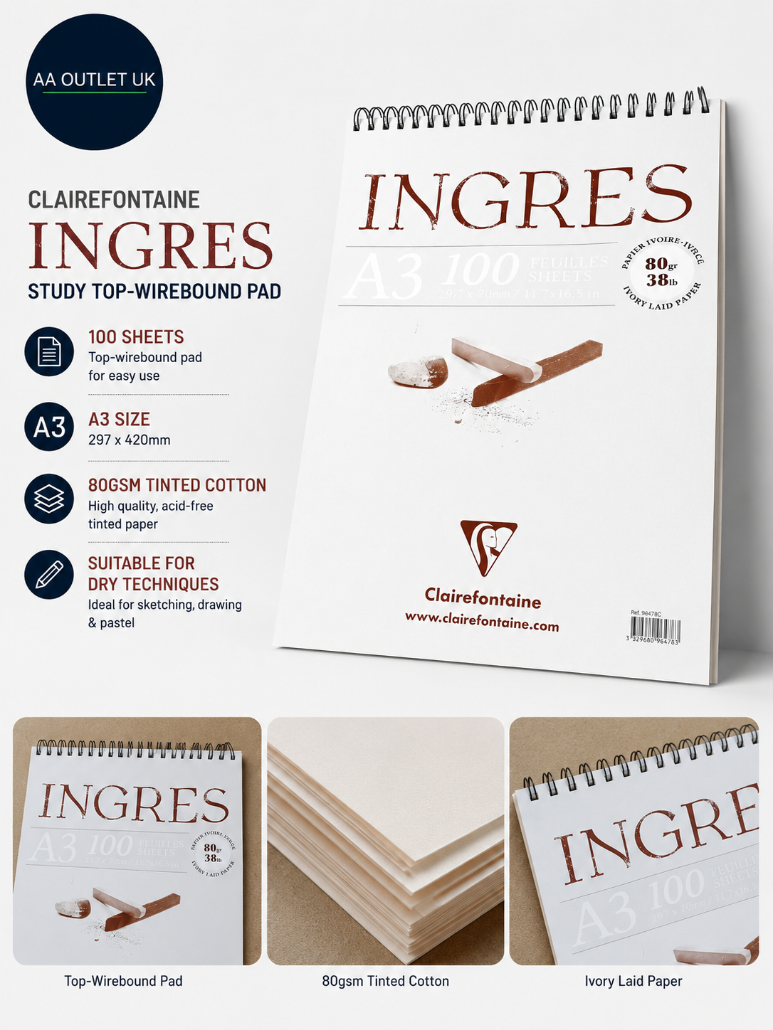 Clairefontaine Ref 96478C Ingres Study Top Wirebound Pad 100 Sheets A3 297x420mm