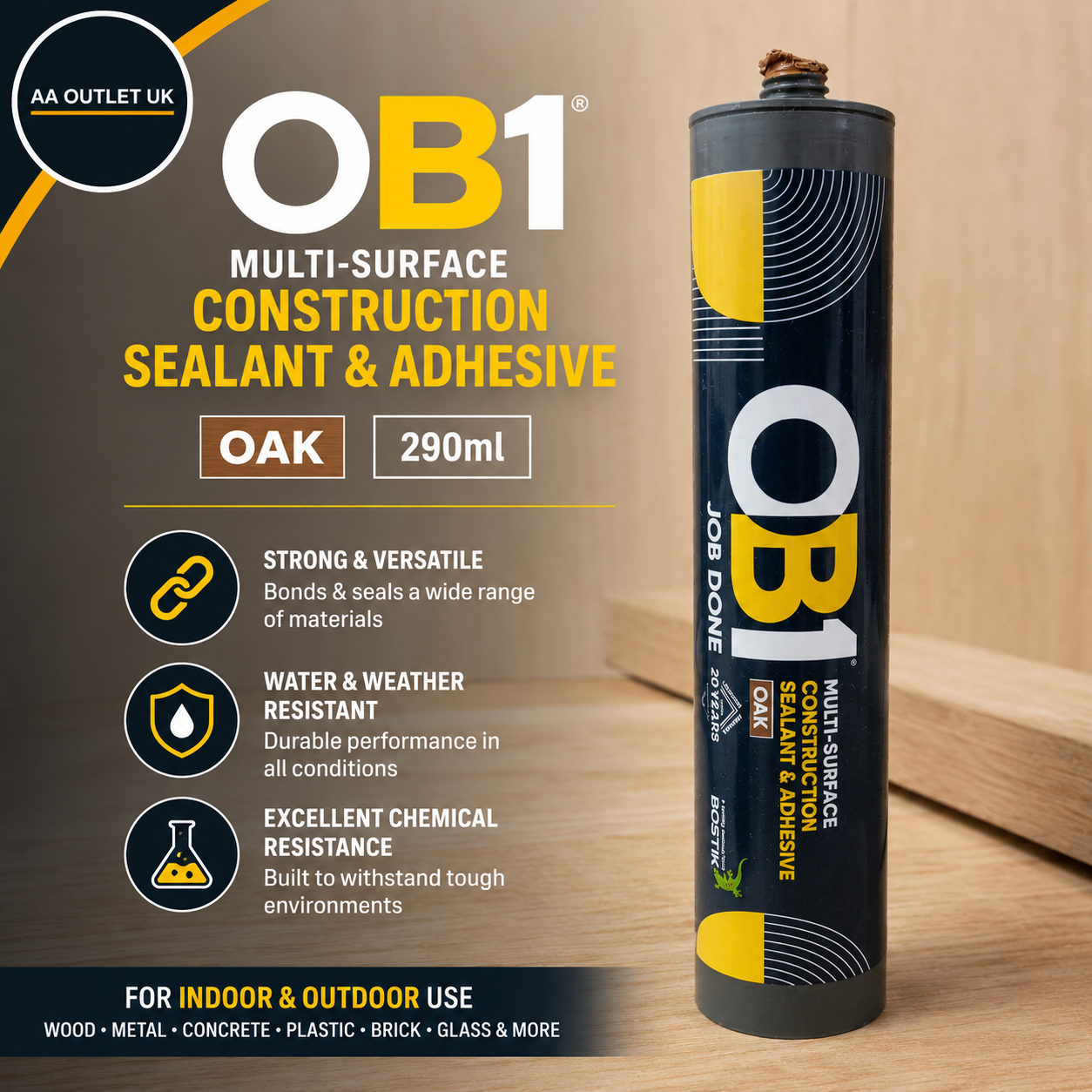 OB1 Oak Multi Surface Construction Sealant & Adhesive Hybrid Polymer 290ml