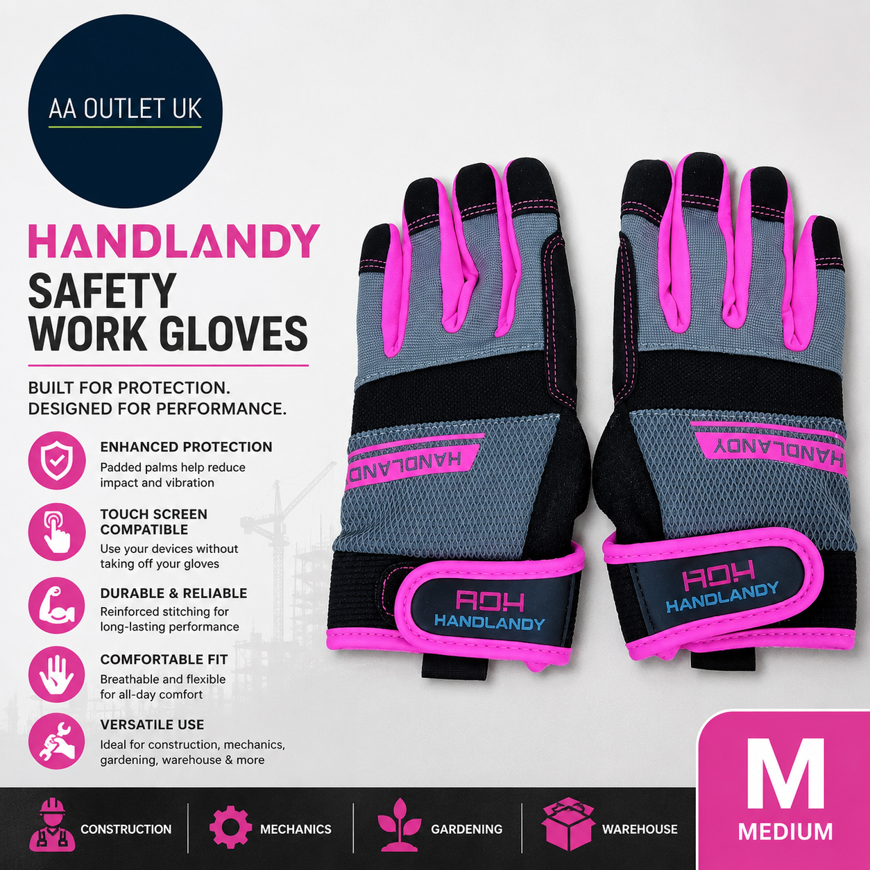 HANDLANDY Safety Work Gloves Men Women Utility Padded Builders Medium Pink New