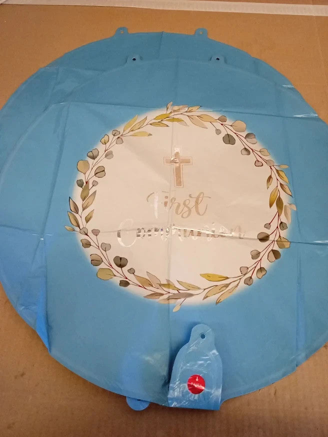 Blue First Holy Communion Balloons Religious Cross Foil Party Decoration New