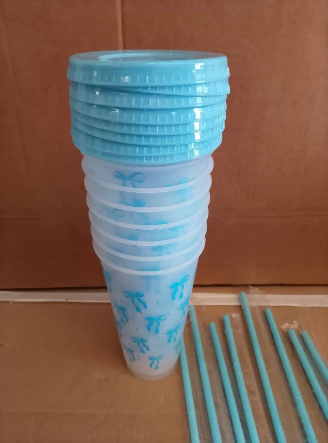 Dididudi 8Pcs 24oz Bow Plastic Cups Lids Straws 710ML PP Reusable Tumblers New