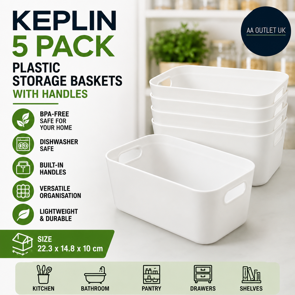 KEPLIN 5 Pack Plastic Storage Baskets Handles BPA Free Organiser 22.3x14.8x10cm