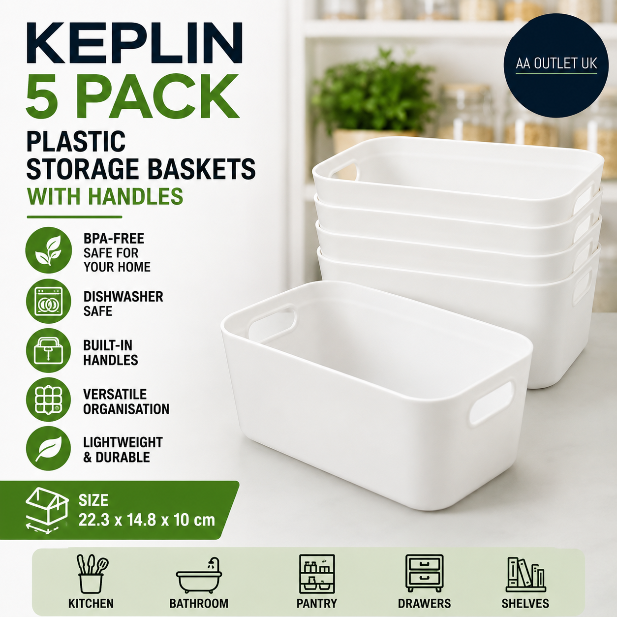 KEPLIN 5 Pack Plastic Storage Baskets Handles BPA Free Organiser 22.3x14.8x10cm
