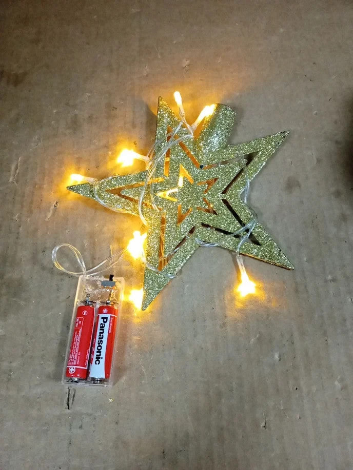 7.1" Gold Glitter Star Tree Topper 10 LED Lights Xmas Decor Outdoor Indoor New