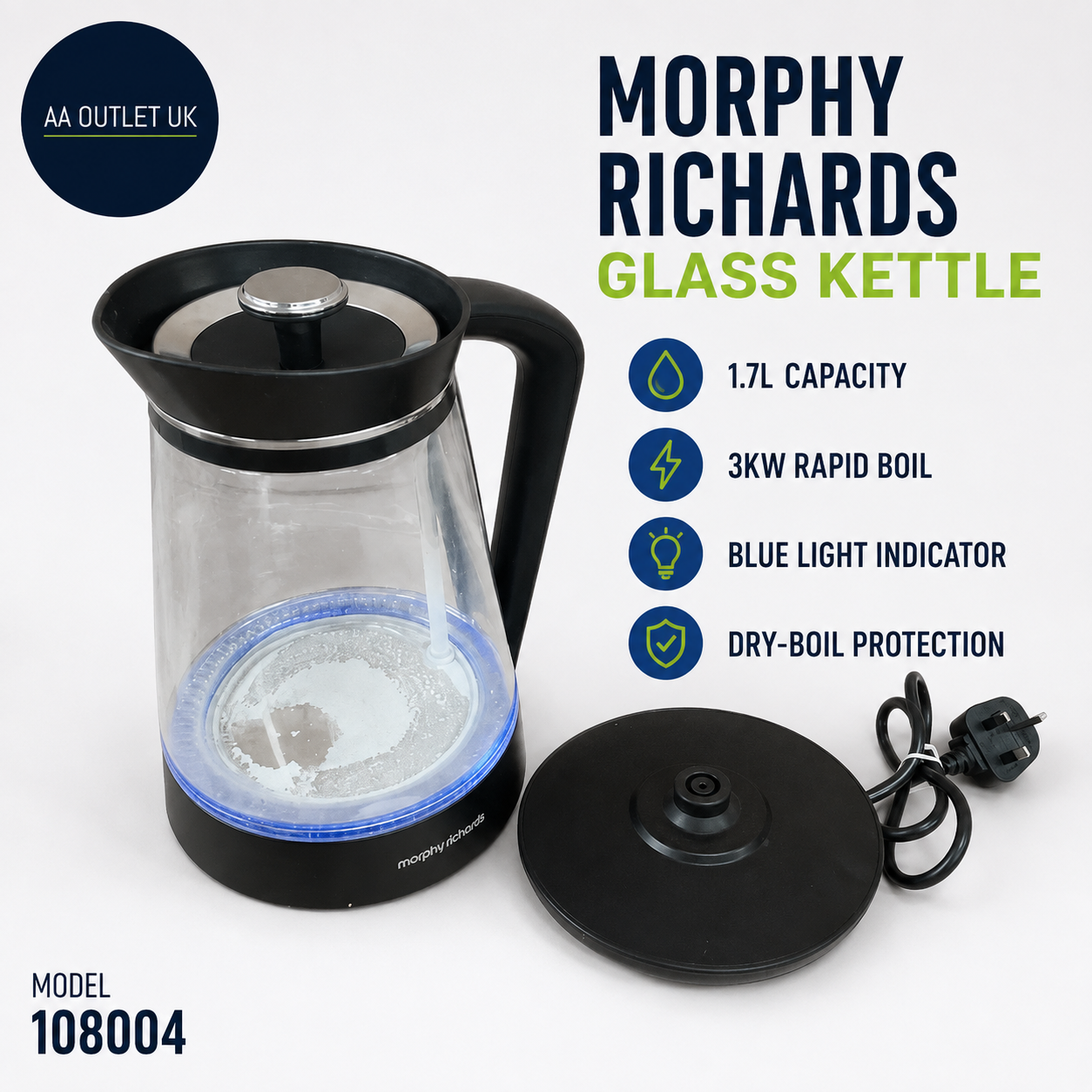 Morphy Richards Glass Kettle  1.7L Illuminated Premium Glass 3kw Rapid Boil