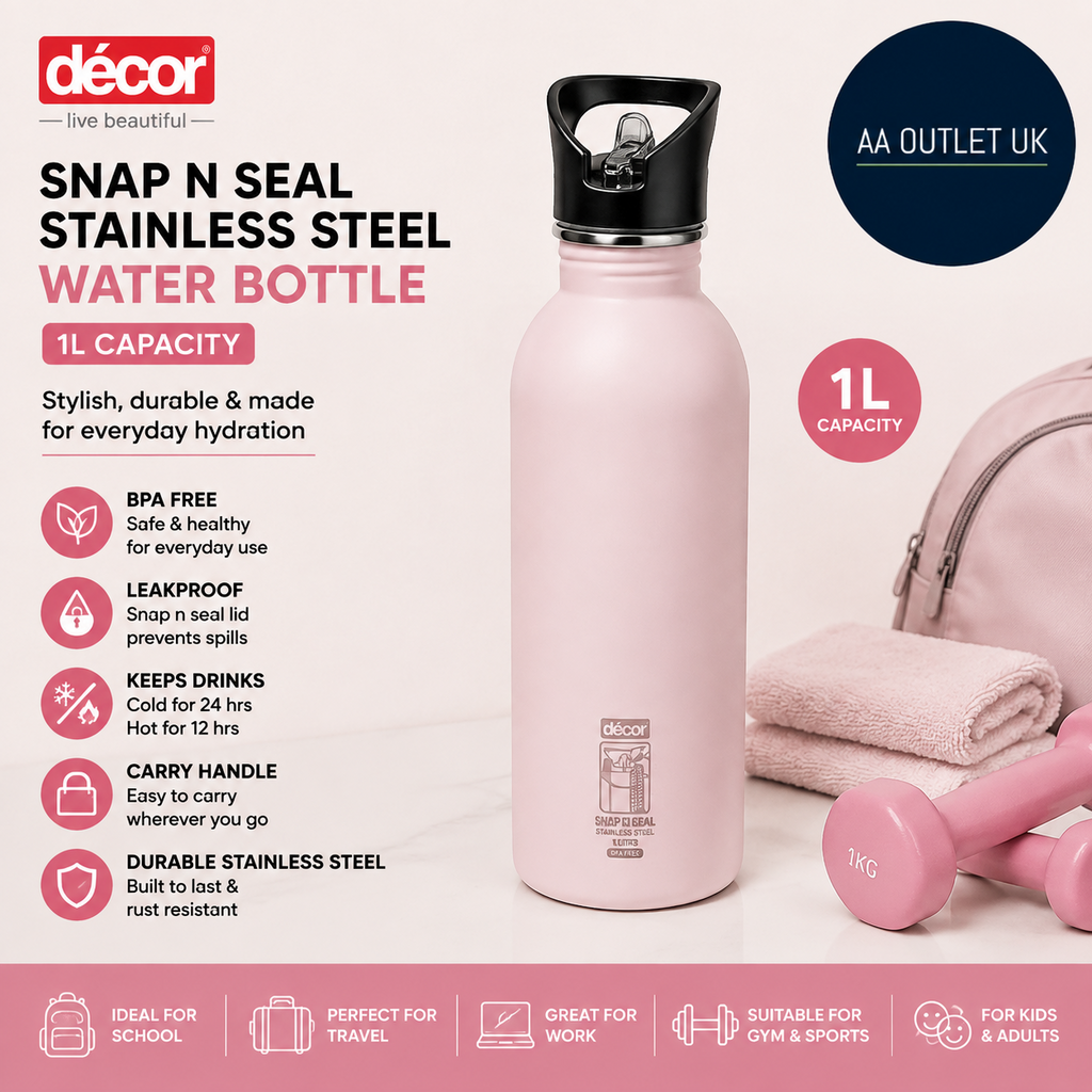 Decor Snap N Seal 1L Stainless Steel Water Bottle With Straw BPA Free Leakproof