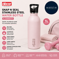 Decor Snap N Seal 1L Stainless Steel Water Bottle With Straw BPA Free Leakproof