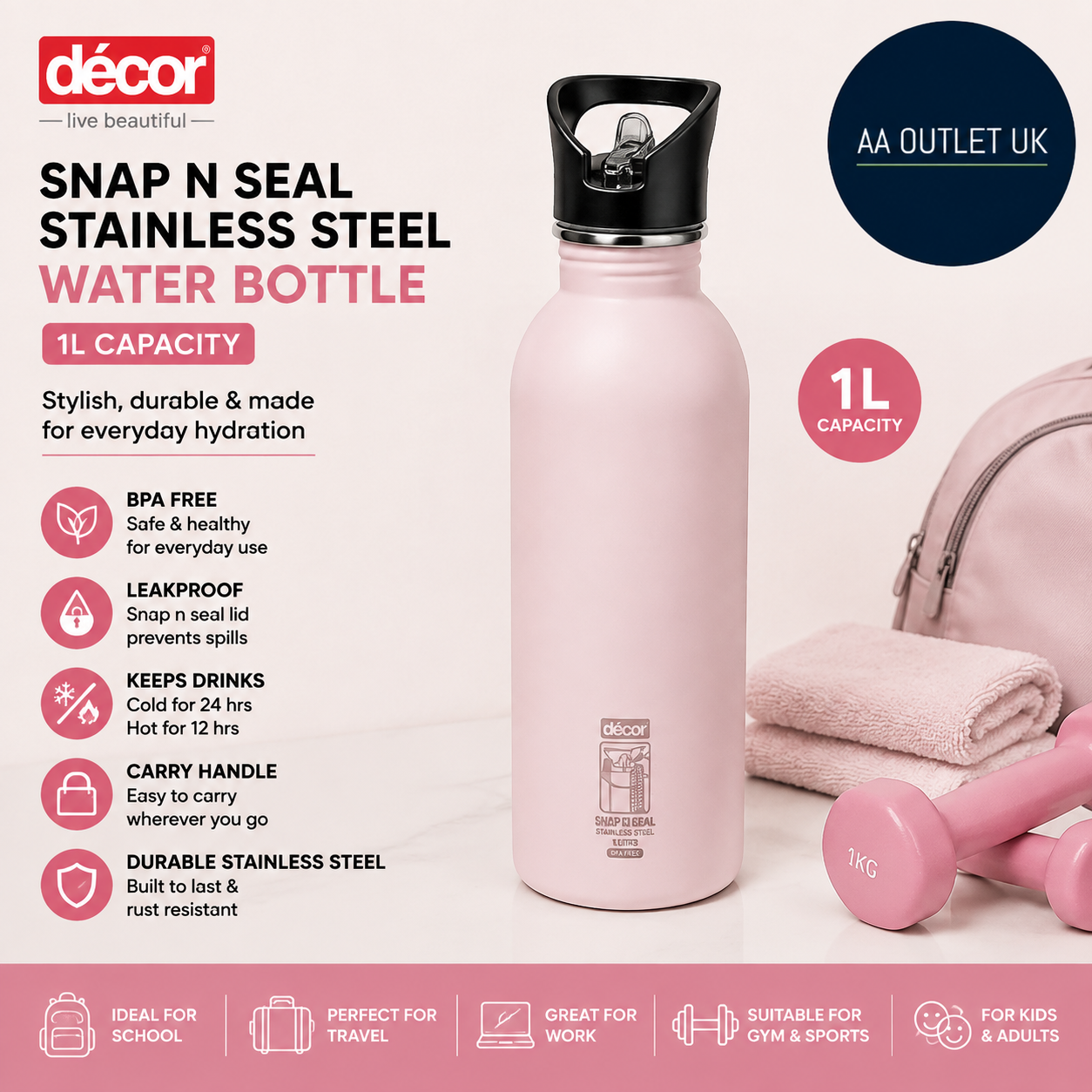 Decor Snap N Seal 1L Stainless Steel Water Bottle With Straw BPA Free Leakproof