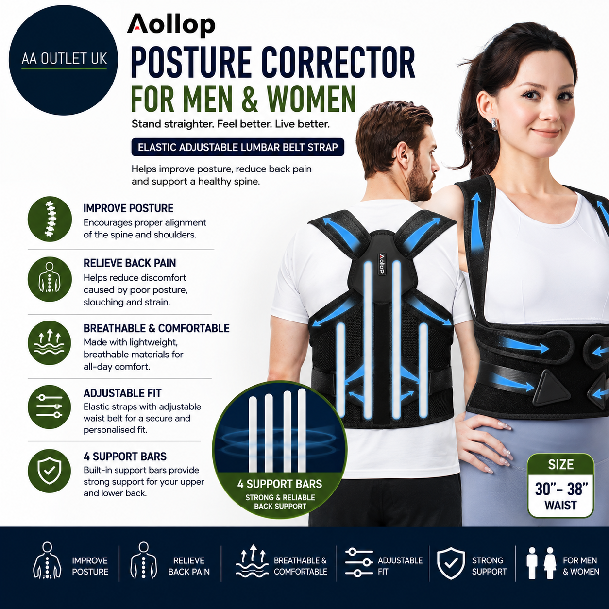 Aollop Posture Corrector Unisex Elastic Adjustable Lumbar Belt Strap Medium