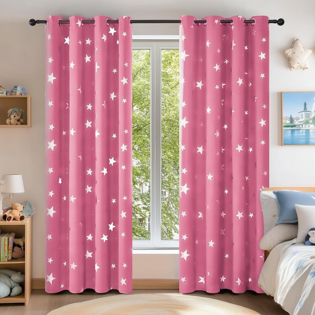 Deconovo Pink Curtains Thermal Insulated Star Printed Blackout 52x63in New
