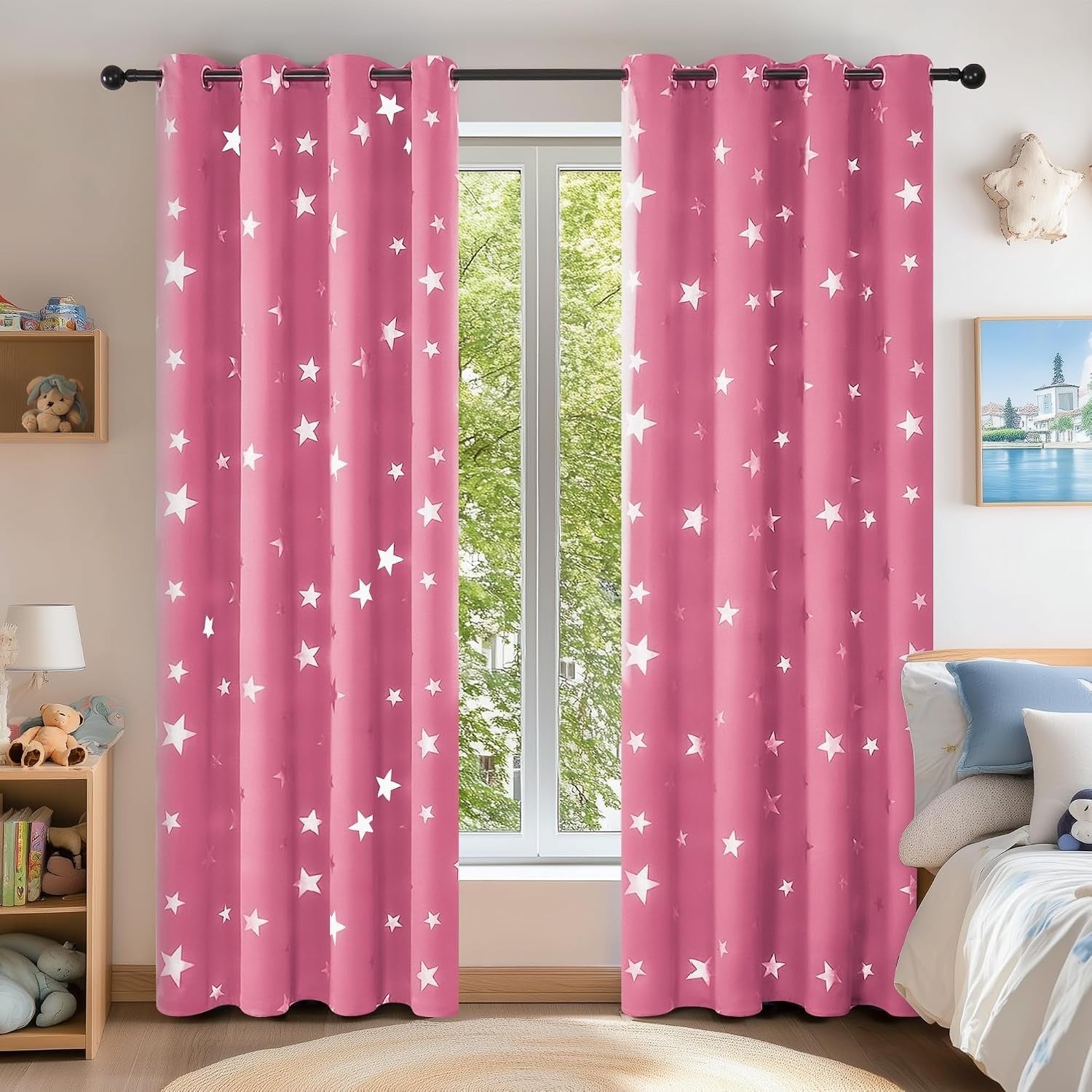 Deconovo Pink Curtains Thermal Insulated Star Printed Blackout 52x63in New