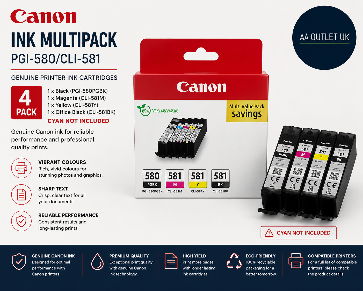 Canon Ink Multipack PGI 580 CLI581 Genuine Printer Ink Cartridges 4 Pack