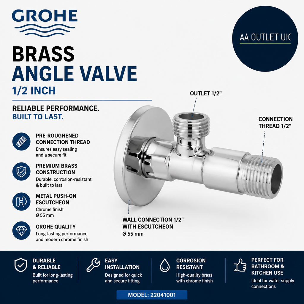 Grohe Brass Angle Valve 1/2in Pre Roughened Connection Thread Easy Sealing