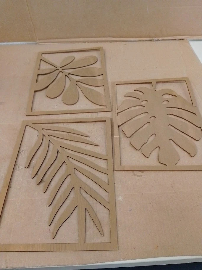Huakaile 3pc 30x22cm Tropical Wall Art Decor 3D Leaf Wooden Carved Dark Brown