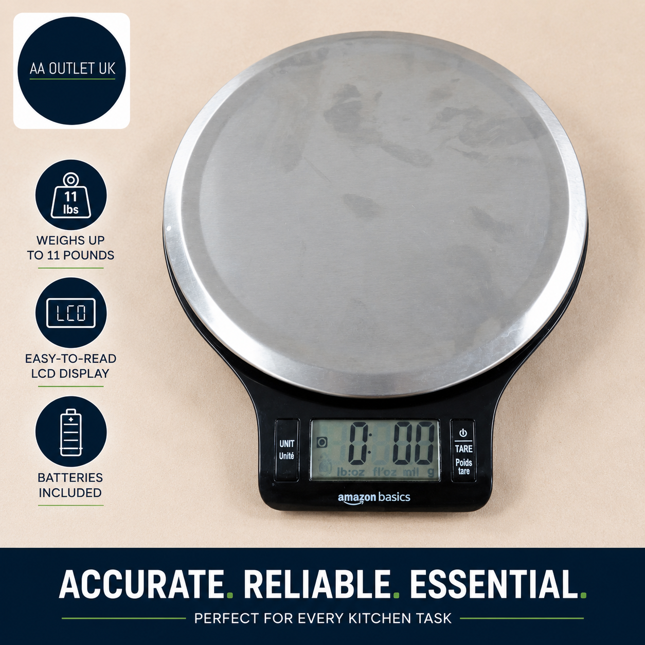 Amazon Basics Digital Kitchen Scales LCD Display Black Stainless Steel