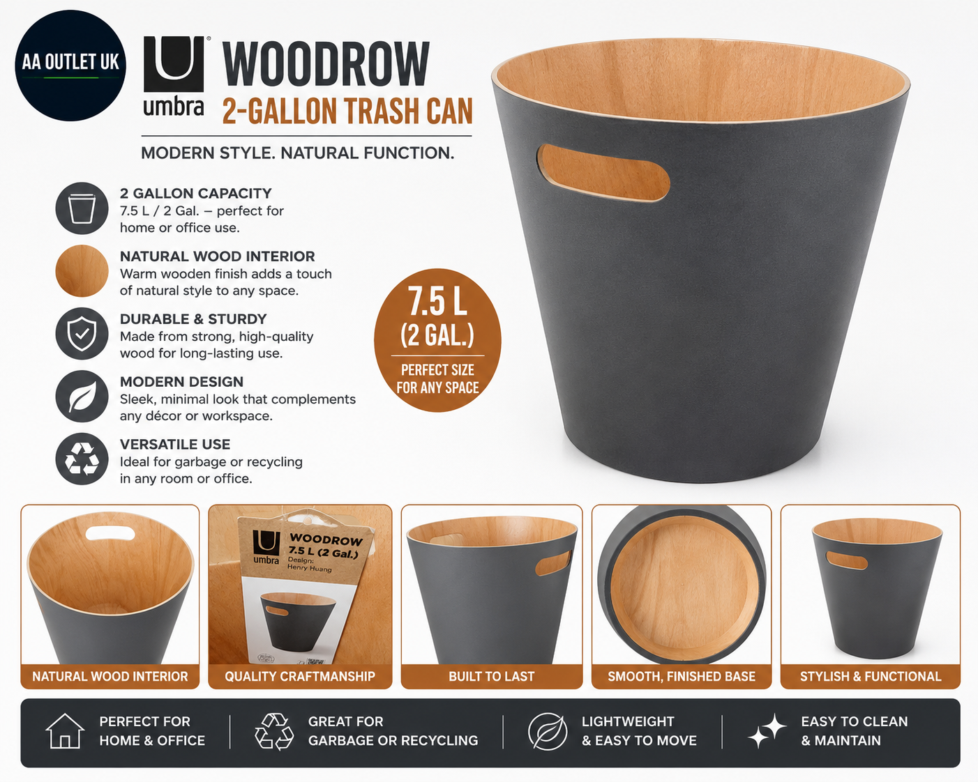 Umbra Woodrow 2 Gallon Modern Wooden Trash Can Wastebasket Dark Grey Natural
