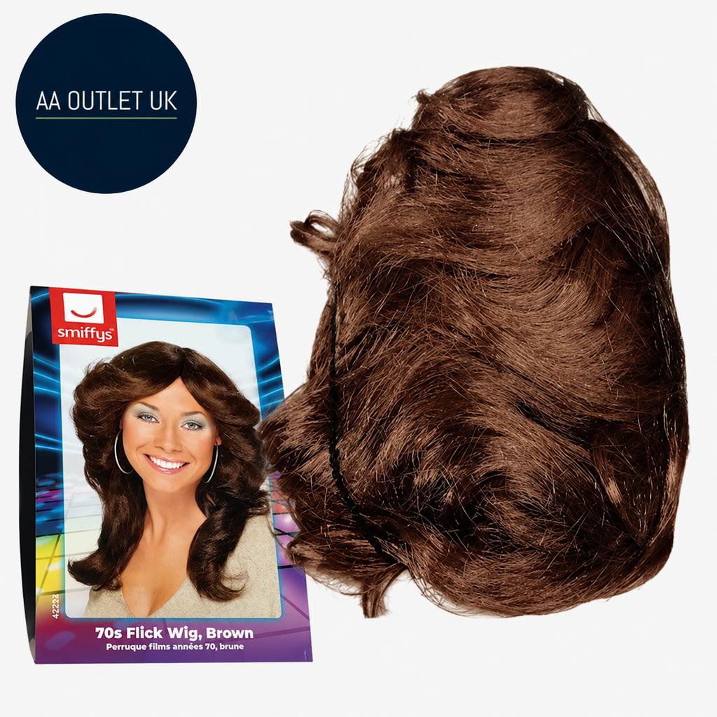 Smiffys 70s Flick Wig Brown Long Wavy Layered Disco Fancy Dress Costume Design