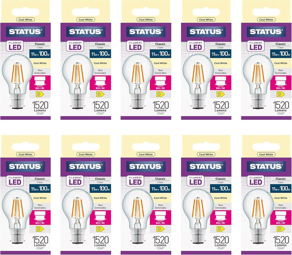 Status LED GLS Bulbs 11W Cool White 4000K Clear Finish 100W Filament 10pcs New