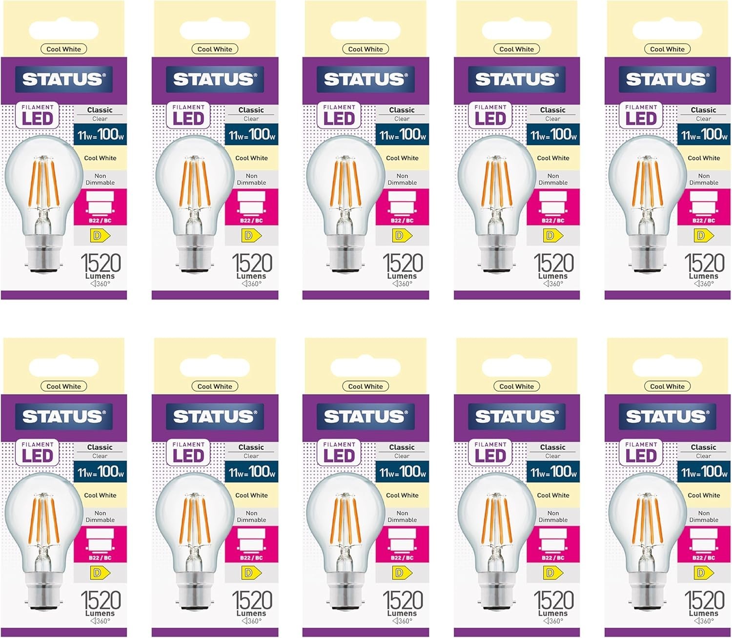 Status LED GLS Bulbs 11W Cool White 4000K Clear Finish 100W Filament 10pcs New