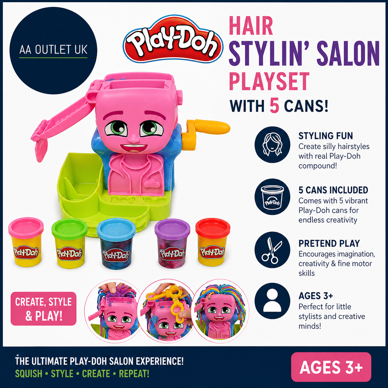 Play Doh Hair Styling Beauty Salon Playset 5 Cans Pretend Play Toys 3+