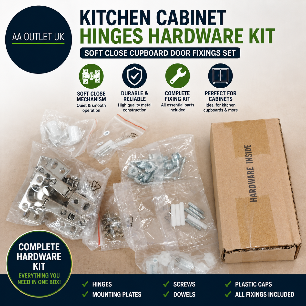 Kitchen Cabinet Hinges Hardware Kit Soft Close Cupboard Door Fixings Set New