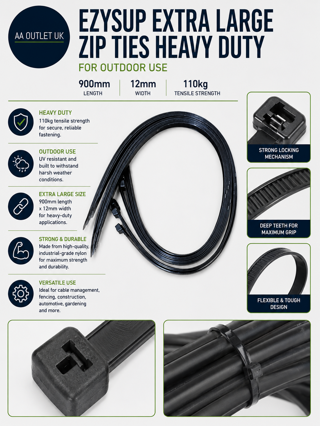 EzySup Extra Large Zip Ties Heavy Duty Outdoor Use 900x 2mm110kg Tensile Black