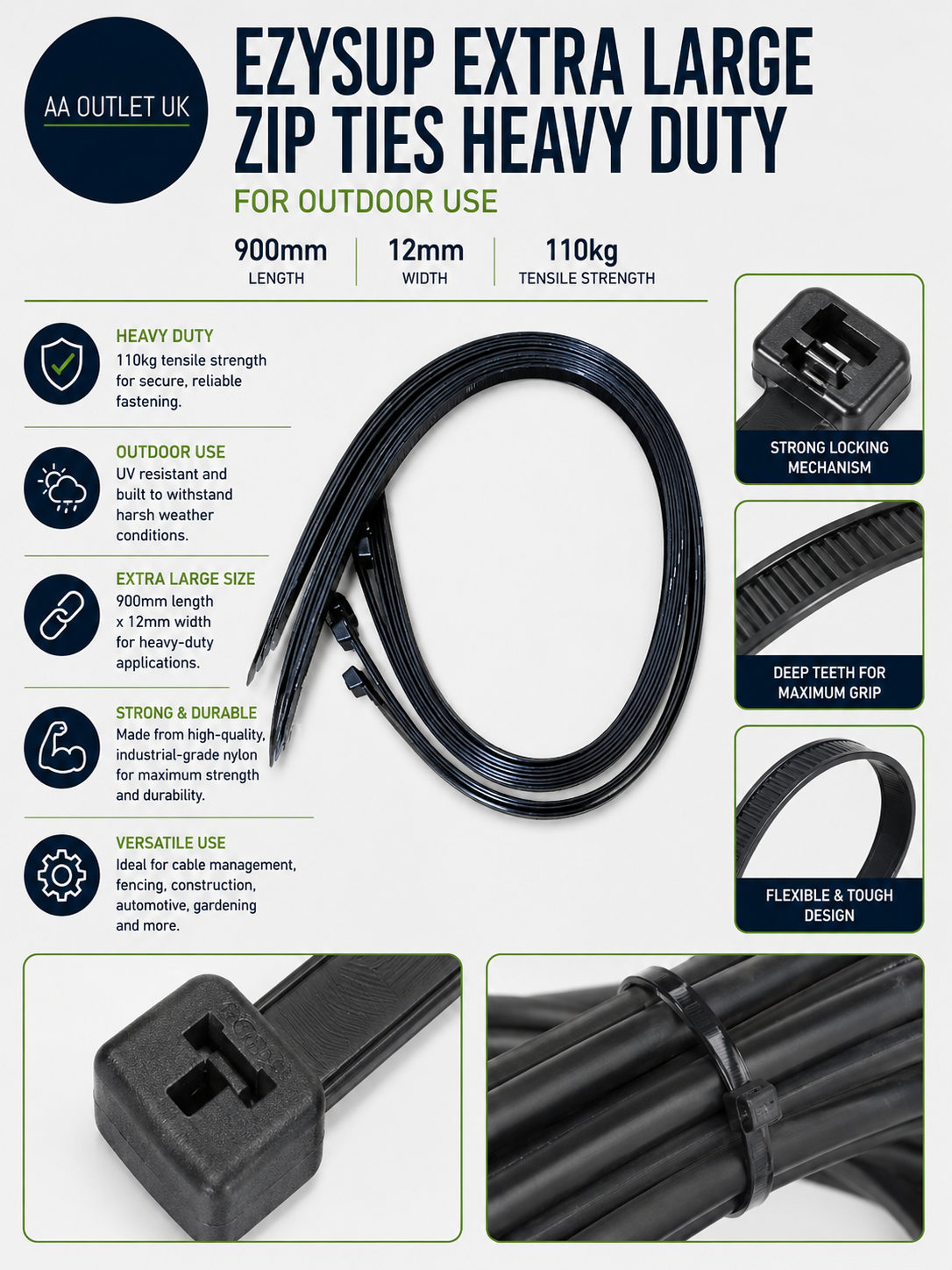 EzySup Extra Large Zip Ties Heavy Duty Outdoor Use 900x 2mm110kg Tensile Black